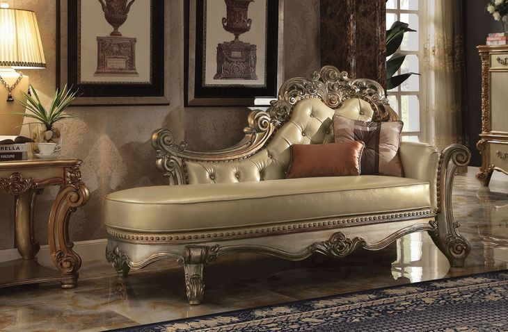 Vendome Gold 81" Chaise with Pillows and Nailhead Trim