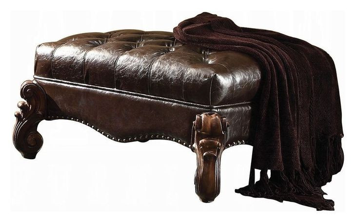 Versailles Dark Brown Upholstered Rectangular Ottoman with Nailhead Trim
