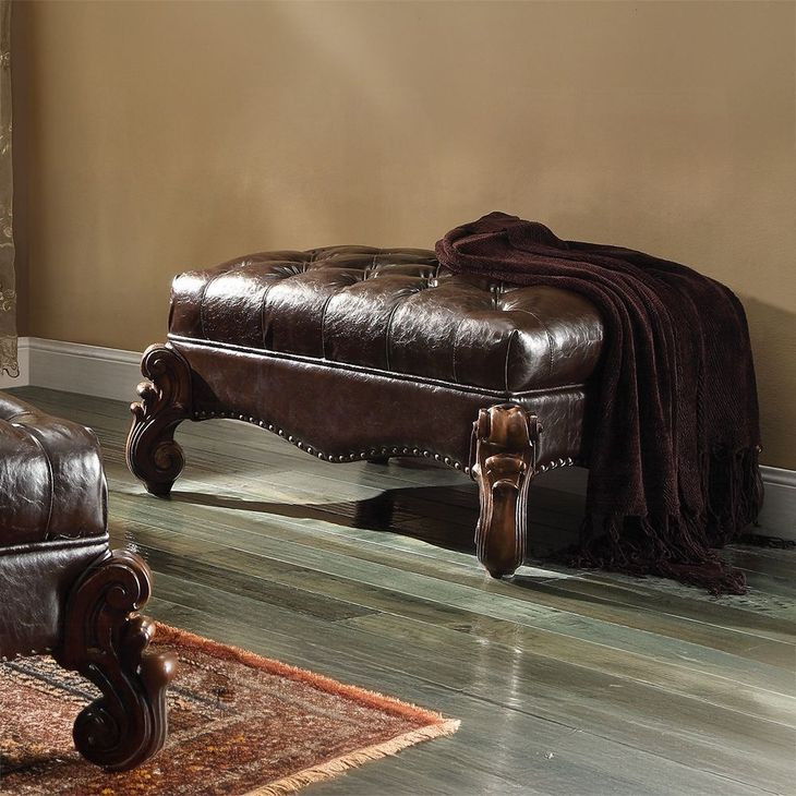 Versailles Dark Brown Upholstered Rectangular Ottoman with Nailhead Trim