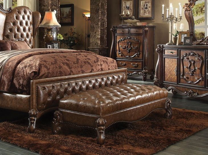 Versailles Light Brown Upholstered Bed Bench with Tufted and Nailhead Trim