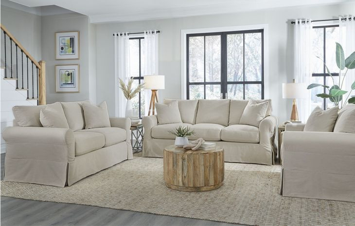 Sutton Sand Slip Cover Rounded Arms Living Room Set