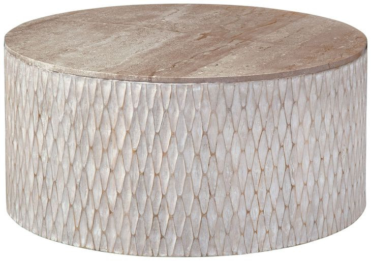 Lorenzo White Wash and Natural Round Travertine Top Coffee Table