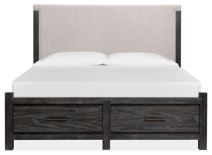 Plum Creek Ravenwood Black and Elite Dove California King Upholstered Storage Panel Bed
