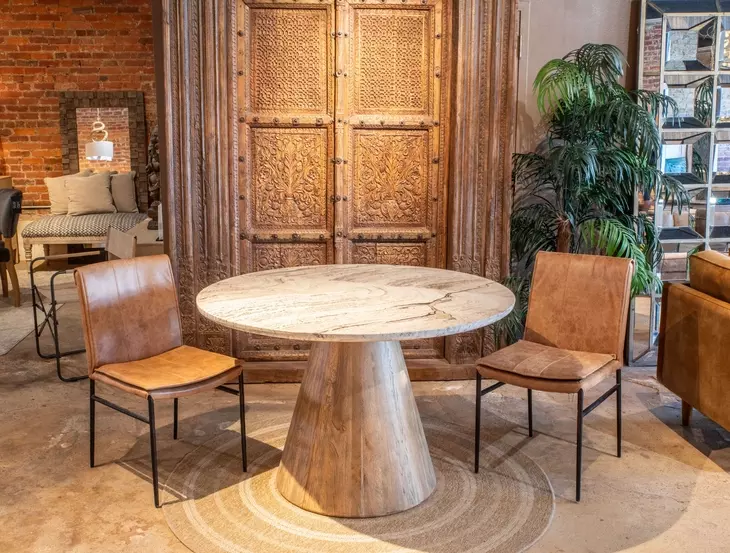 Caldera Light Oak and White Travertine Top 48" Round Dining Table