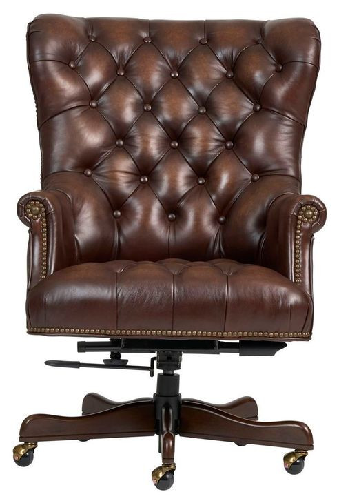 Jefferson Burnished Umber Leather Upholstered Executive Chair with Nailhead Trim and Casters
