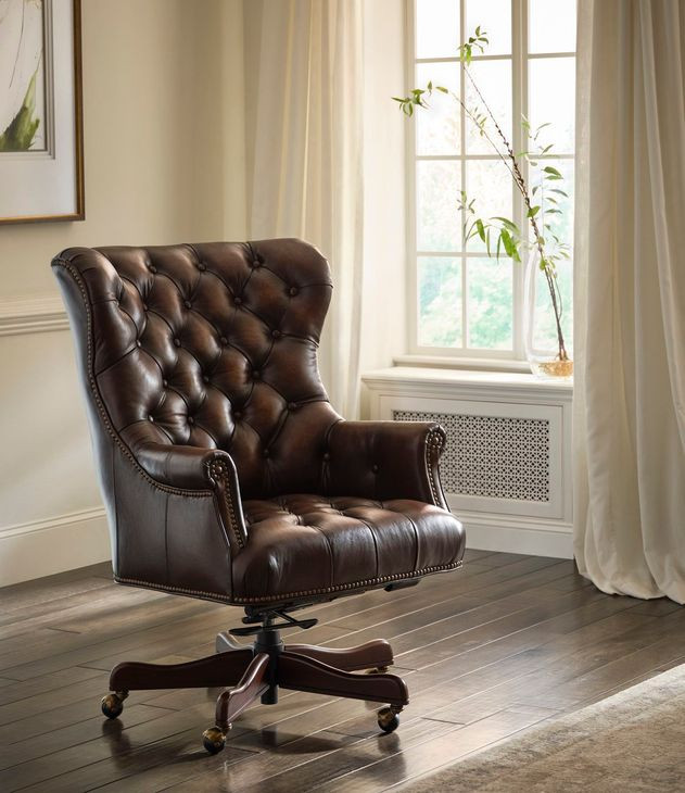 Jefferson Burnished Umber Leather Upholstered Executive Chair with Nailhead Trim and Casters