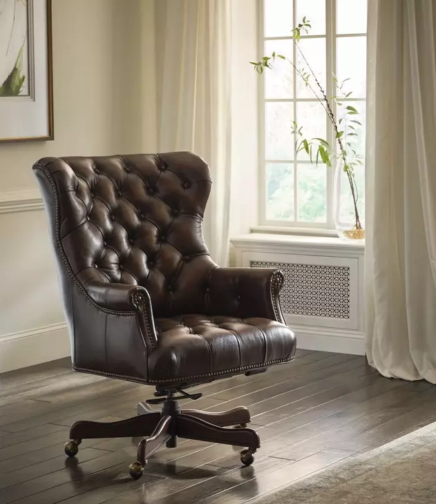 Jefferson Burnished Umber Leather Upholstered Executive Chair with Nailhead Trim and Casters