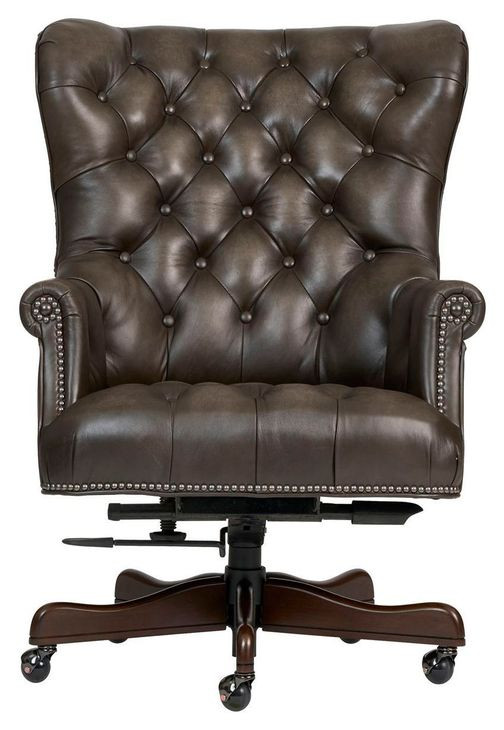 Jefferson Burnished Walnut Leather Upholstered Executive Chair with Nailhead Trim and Casters