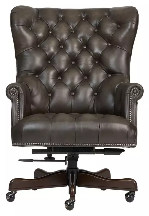 Jefferson Burnished Walnut Leather Upholstered Executive Chair with Nailhead Trim and Casters