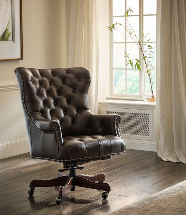 Jefferson Burnished Walnut Leather Upholstered Executive Chair with Nailhead Trim and Casters