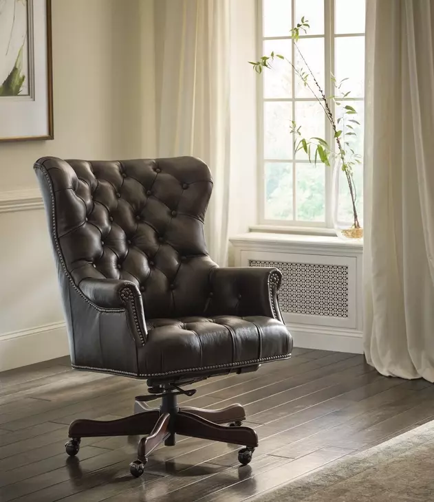 Jefferson Burnished Walnut Leather Upholstered Executive Chair with Nailhead Trim and Casters