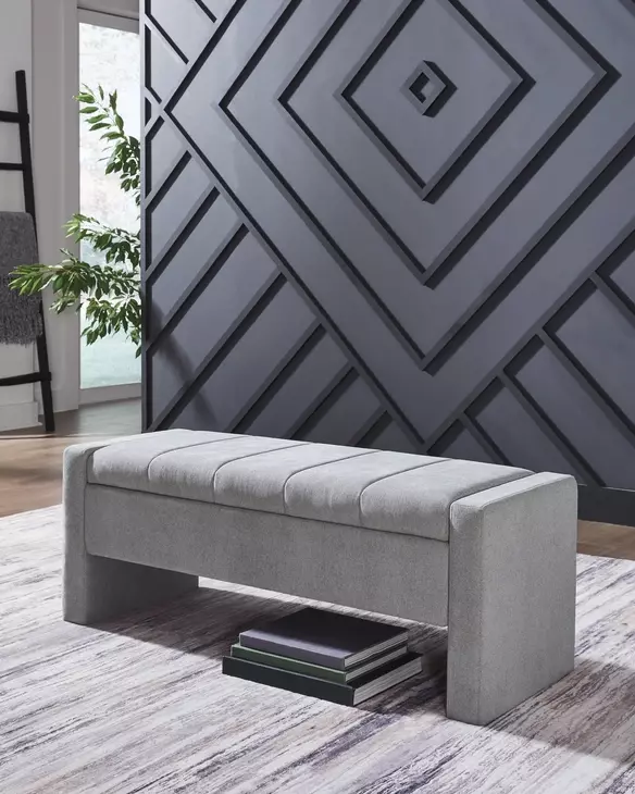Akselman Gray Upholstered Storage Accent Bench From Ashley