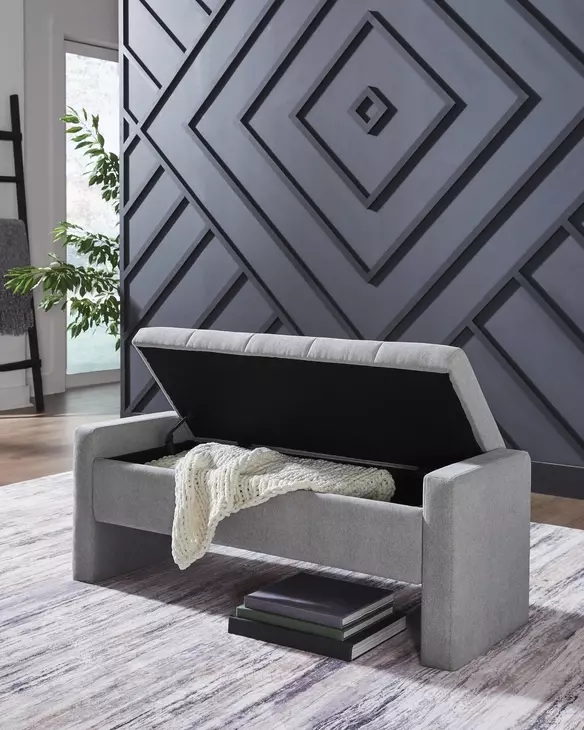 Akselman Gray Upholstered Storage Accent Bench From Ashley