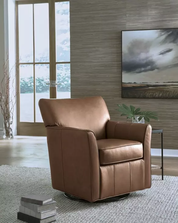 Braydunn Caramel Leather Upholstered Swivel Glider Accent Chair