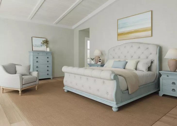 Summer Creek Blue and White Upholstered King Sleigh Bed
