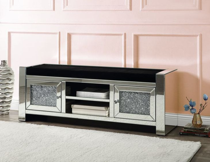 Noralie Black Upholstered Accent Storage Bench with 2 Doors
