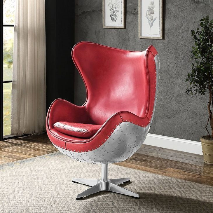 Brancaster Red Leather Upholstered Swivel Accent Chair with Nailhead Trim