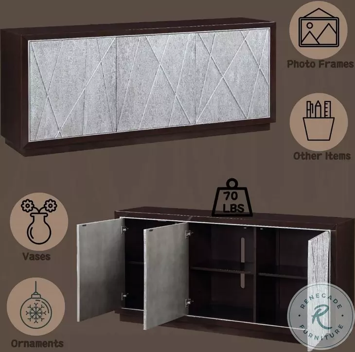 Geranio Metallic Silver and Walnut 3 Door Console Cabinet