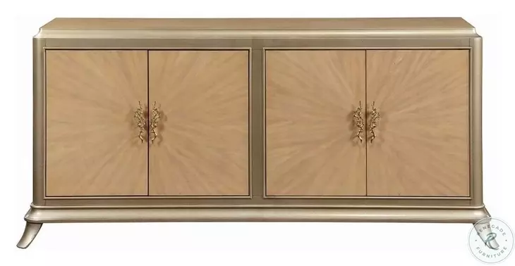 Dodie Oak Sunburst Pattern and Taupe Champagne 4 Door Console Cabinet