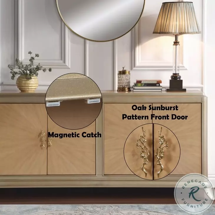 Dodie Oak Sunburst Pattern and Taupe Champagne 4 Door Console Cabinet