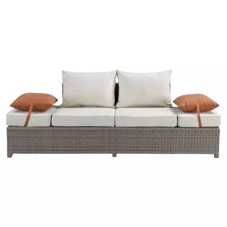 Salena Beige Fabric and Gray Wicker Patio 83" Sofa with 2 Pillows and Rectangular Ottoman