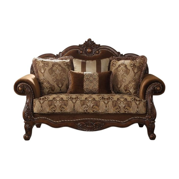 Jardena Fabric and Cherry Oak 69" Loveseat with 4 Pillows