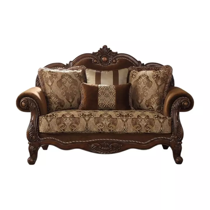 Jardena Fabric and Cherry Oak 69" Loveseat with 4 Pillows