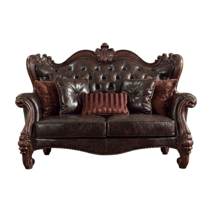Versailles Dark Brown 68" Loveseat with Pillows and Nailhead Trim