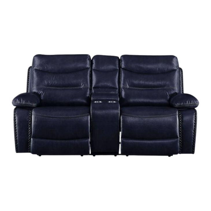 Aashi Navy Leather Reclining 78" Loveseat with Console
