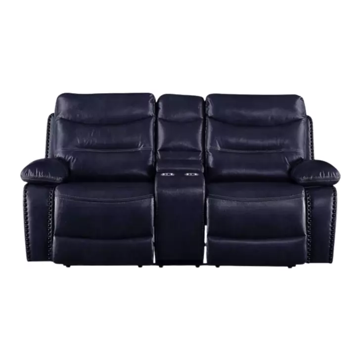 Aashi Navy Leather Reclining 78" Loveseat with Console