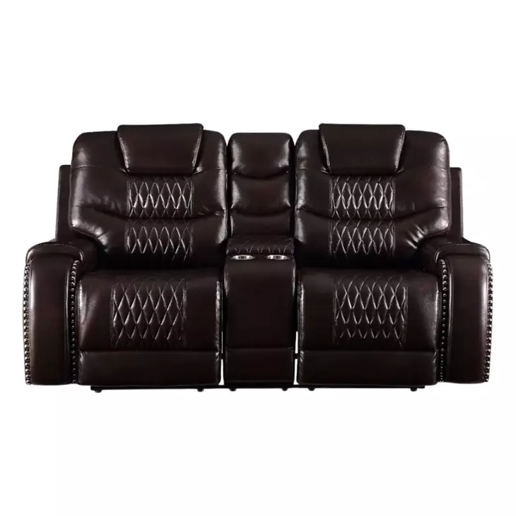 Braylon Brown Reclining 78" Loveseat with Console and Nailhead Trim