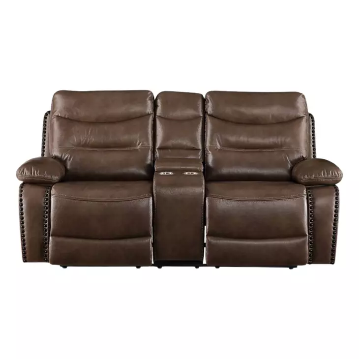 Aashi Brown Leather Reclining 78" Loveseat with Console