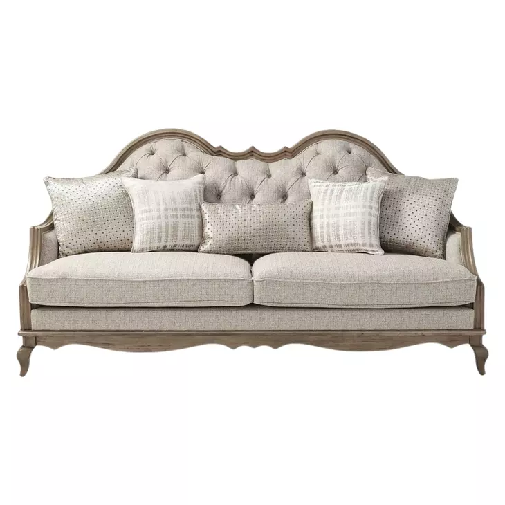 Chelmsford Beige Fabric and Antique Taupe 86" Sofa with 5 Pillows