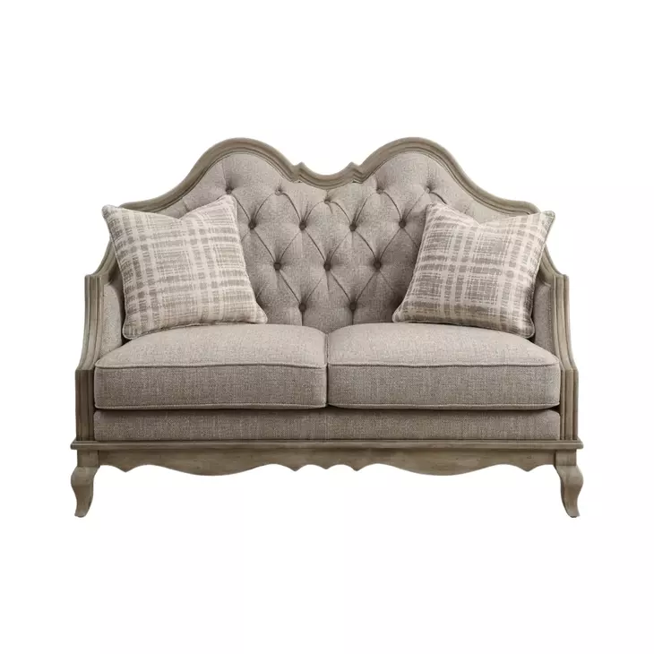 Chelmsford Beige Fabric and Antique Taupe 62" Loveseat with 2 Pillows