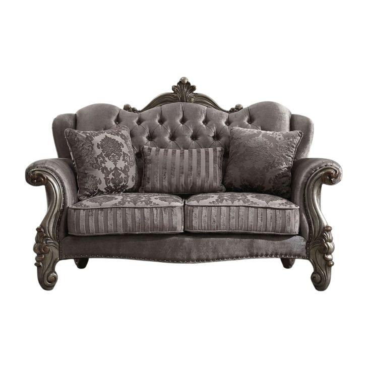 Versailles Antique Platinum 69" Loveseat with Pillows and Nailhead Trim