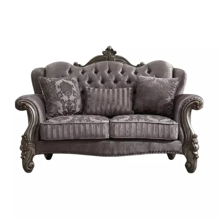 Versailles Antique Platinum 69" Loveseat with Pillows and Nailhead Trim