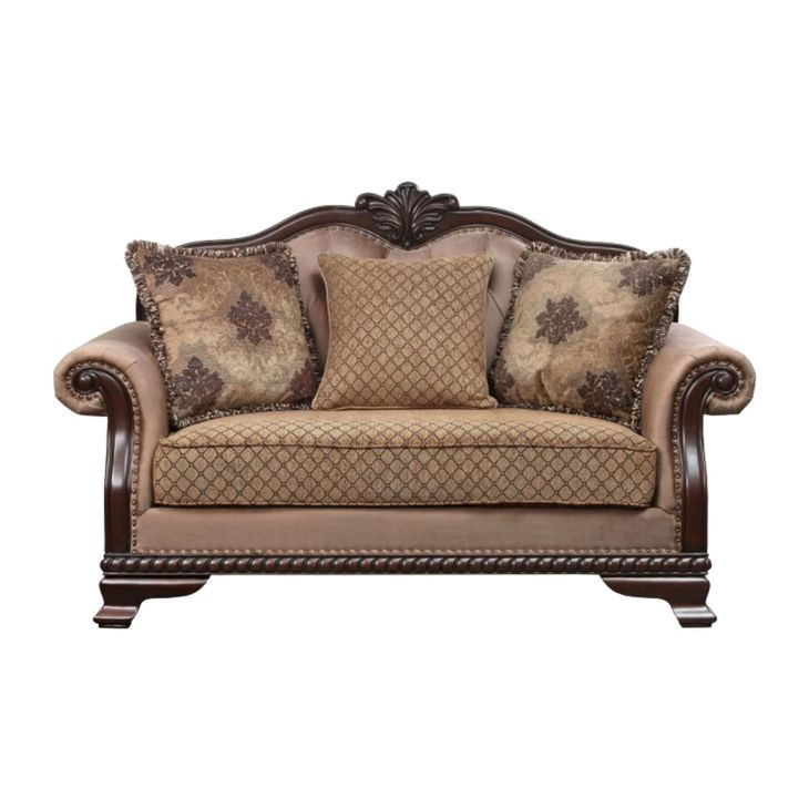 Chateau De Ville Fabric and Espresso 69" Loveseat with 3 Pillows