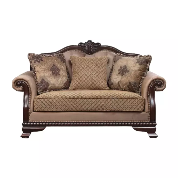 Chateau De Ville Fabric and Espresso 69" Loveseat with 3 Pillows