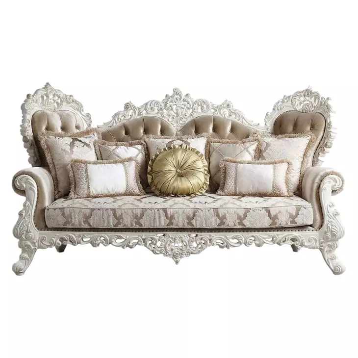 Vanaheim Beige and Gold 97" Sofa with Nailhead Trim