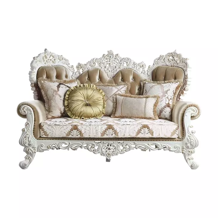 Vanaheim Beige and Gold 78" Loveseat with Pillow and Nailhead Trim