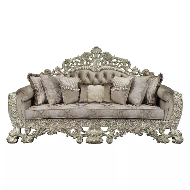 Sorina Beige and Antique Gold 99" Sofa with Pillows and Nailhead Trim