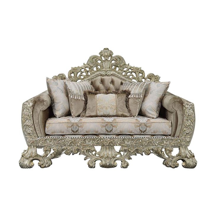 Sorina Beige and Antique Gold 77" Loveseat with Pillows and Nailhead Trim