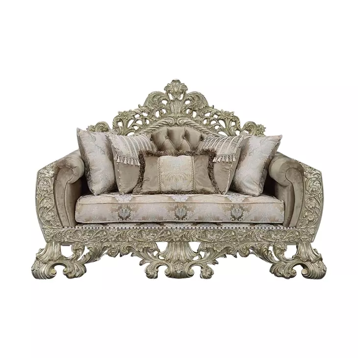 Sorina Beige and Antique Gold 77" Loveseat with Pillows and Nailhead Trim