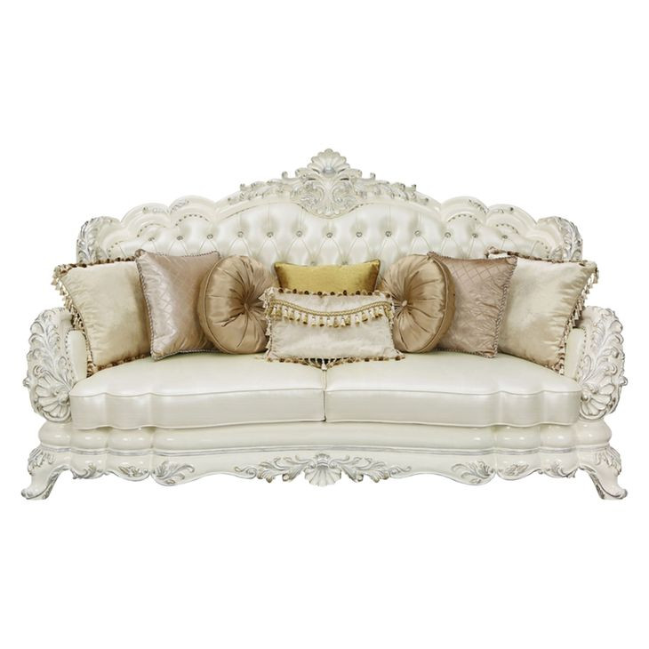 Adara Pearl White 90" Sofa with Pillows and Nailhead Trim