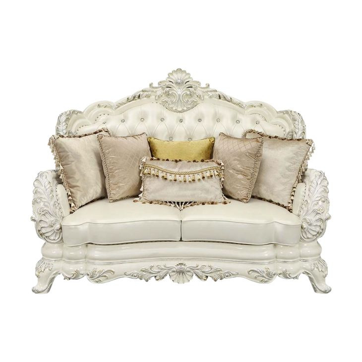 Adara Pearl White 70" Loveseat with Pillows and Nailhead Trim