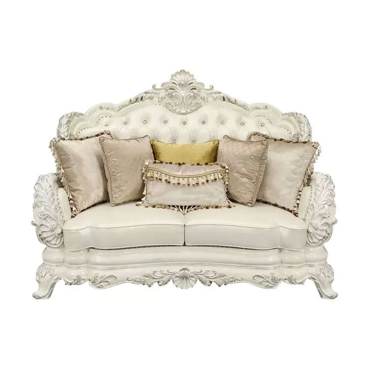 Adara Pearl White 70" Loveseat with Pillows and Nailhead Trim