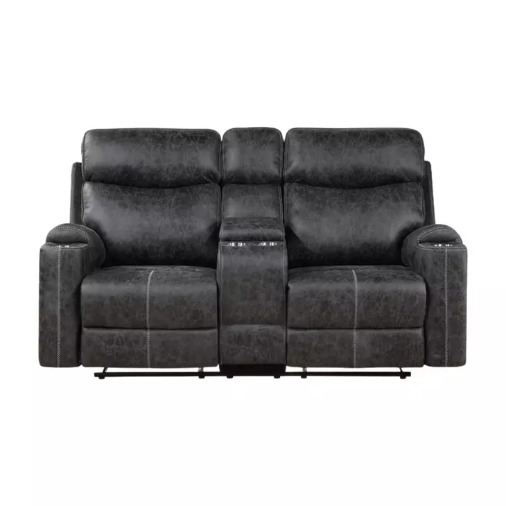 Hirah Dark Gray Polish Microfiber Reclining 75" Loveseat with Console and USB Charging