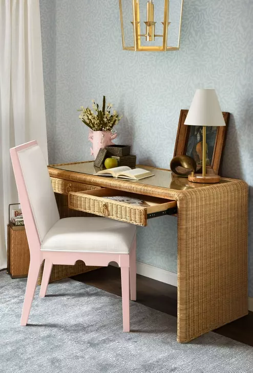 Lanister White Linen Performance Fabric Dining Chair With Matte Pink Lacquer Frame