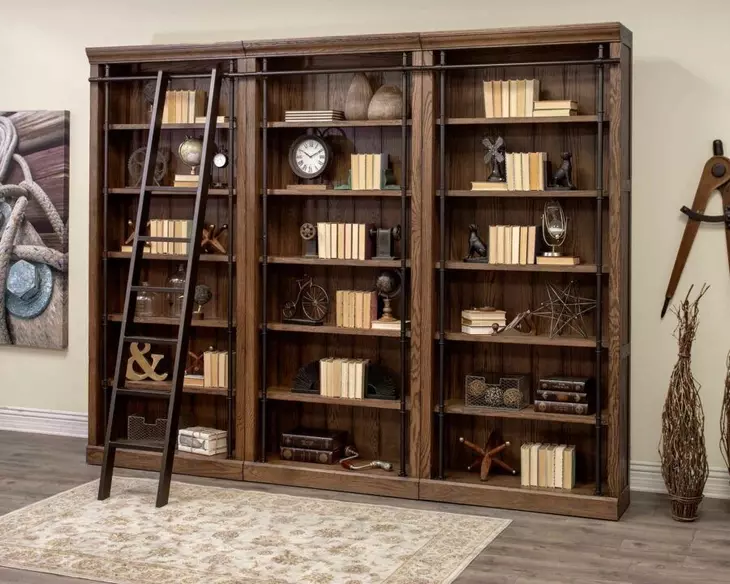 Avondale Weathered Oak 3 Tall Bookcase Wall with Ladder