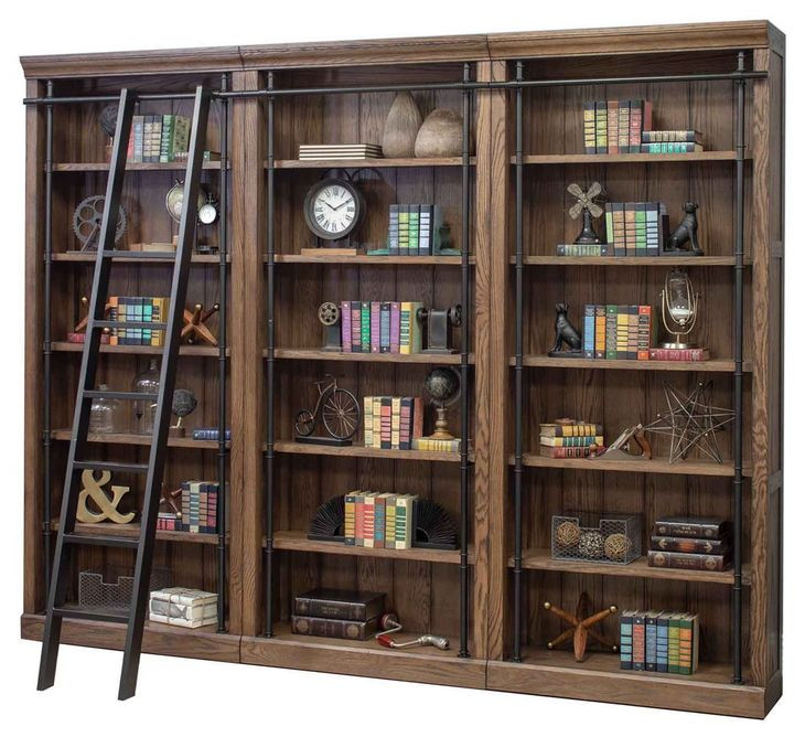 Avondale Weathered Oak 3 Tall Bookcase Wall with Ladder